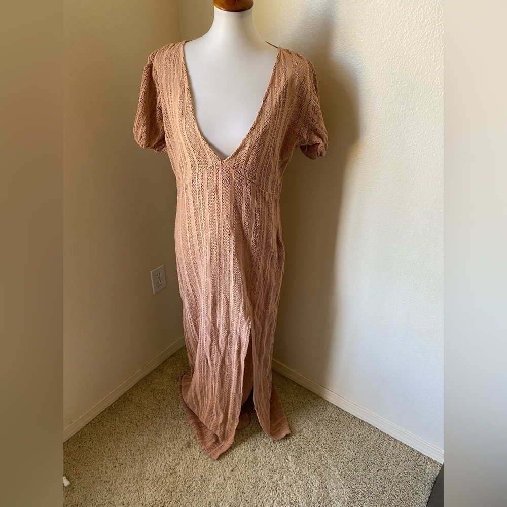 Jen’s Pirate Booty Women’s Dress Beige Size Large Lace Deep V Neck Maxi